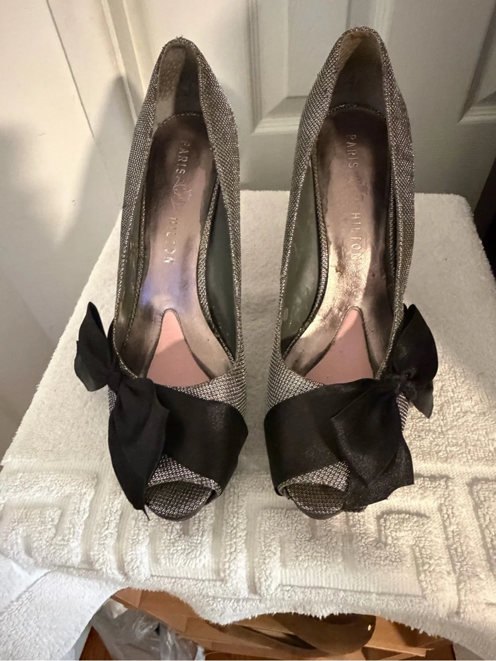 Paris Hilton Silver Metallic Peep-Toe Heels with Black Bow
